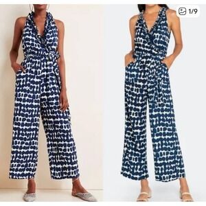 BEACHGOLD Navy Blue White abstract Ruffle Halter Wide Leg Jumpsuit M boho resort